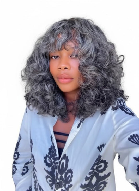 Perruque Indien Curly sel et poivre